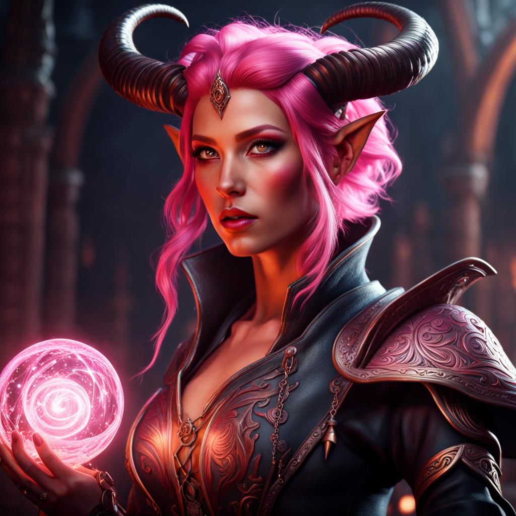 Pink Haired Tiefling Sorcerer in Detailed Matte Painting