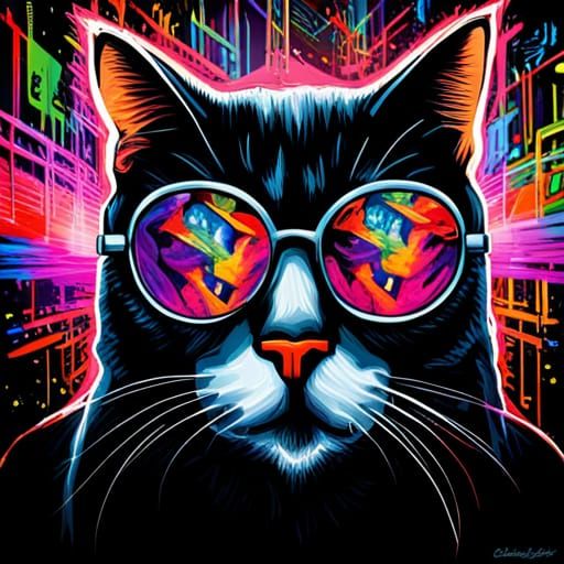 Black Cat in Sunglasses with Fluorescent Graffiti Art