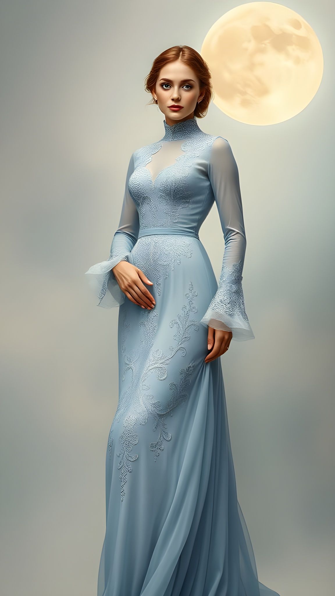 Woman in Elegant Gown Under Moonlit Sky