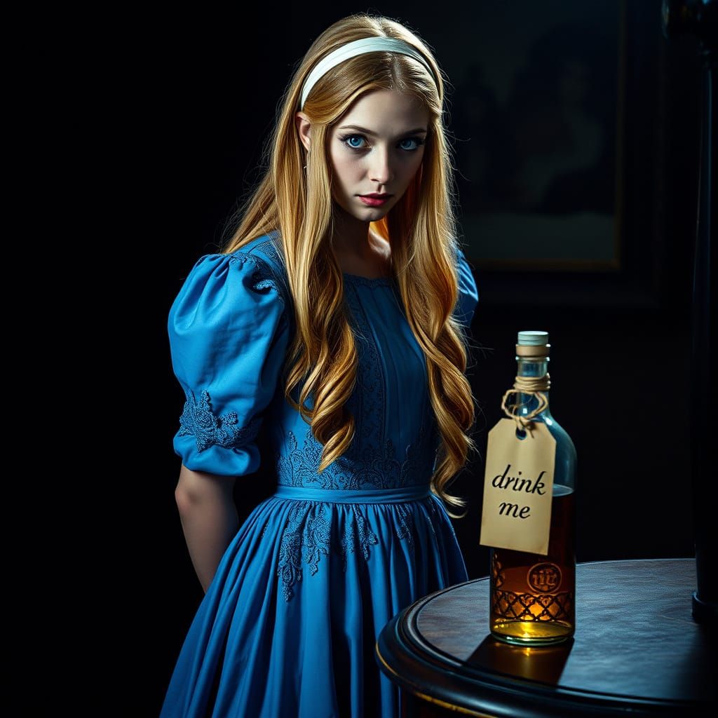 Ethereal Woman in Blue Gaze Curiously at Antique Bottle in D...