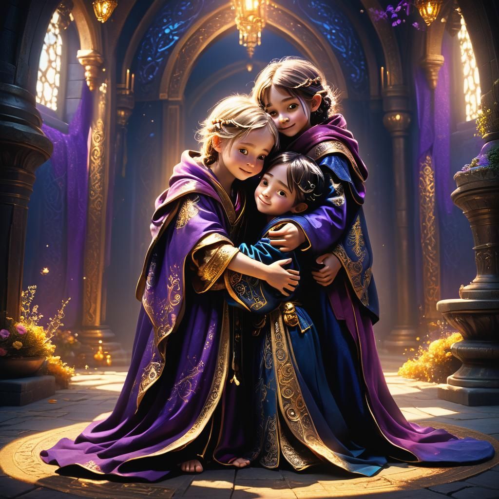 Children's Joy: Whimsical Fantasy Hug in Ornate Robes
