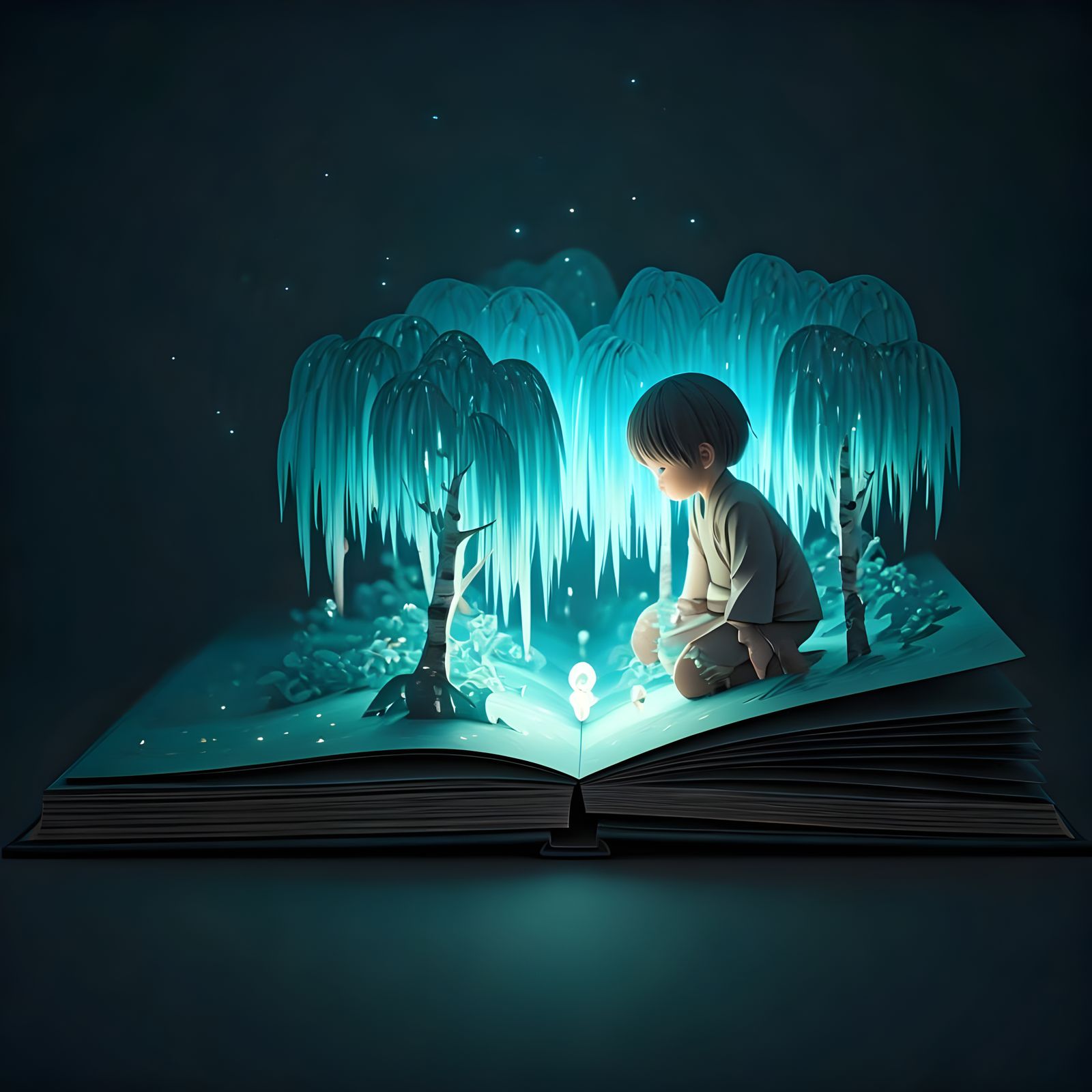 Child Reader in Bioluminescent Pop-Up Book
