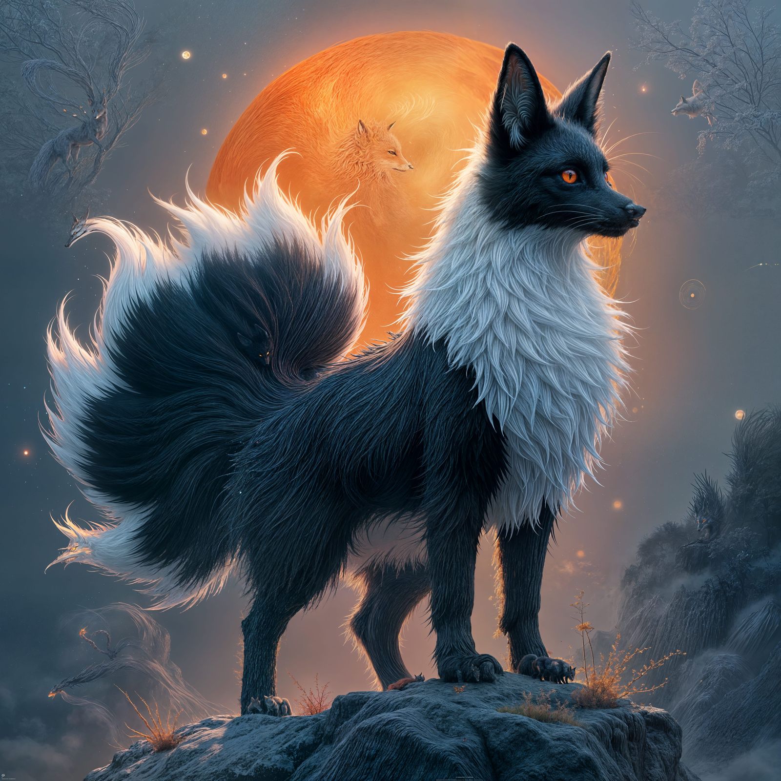 Mythic Black and White Kitsune with Seven Tails
