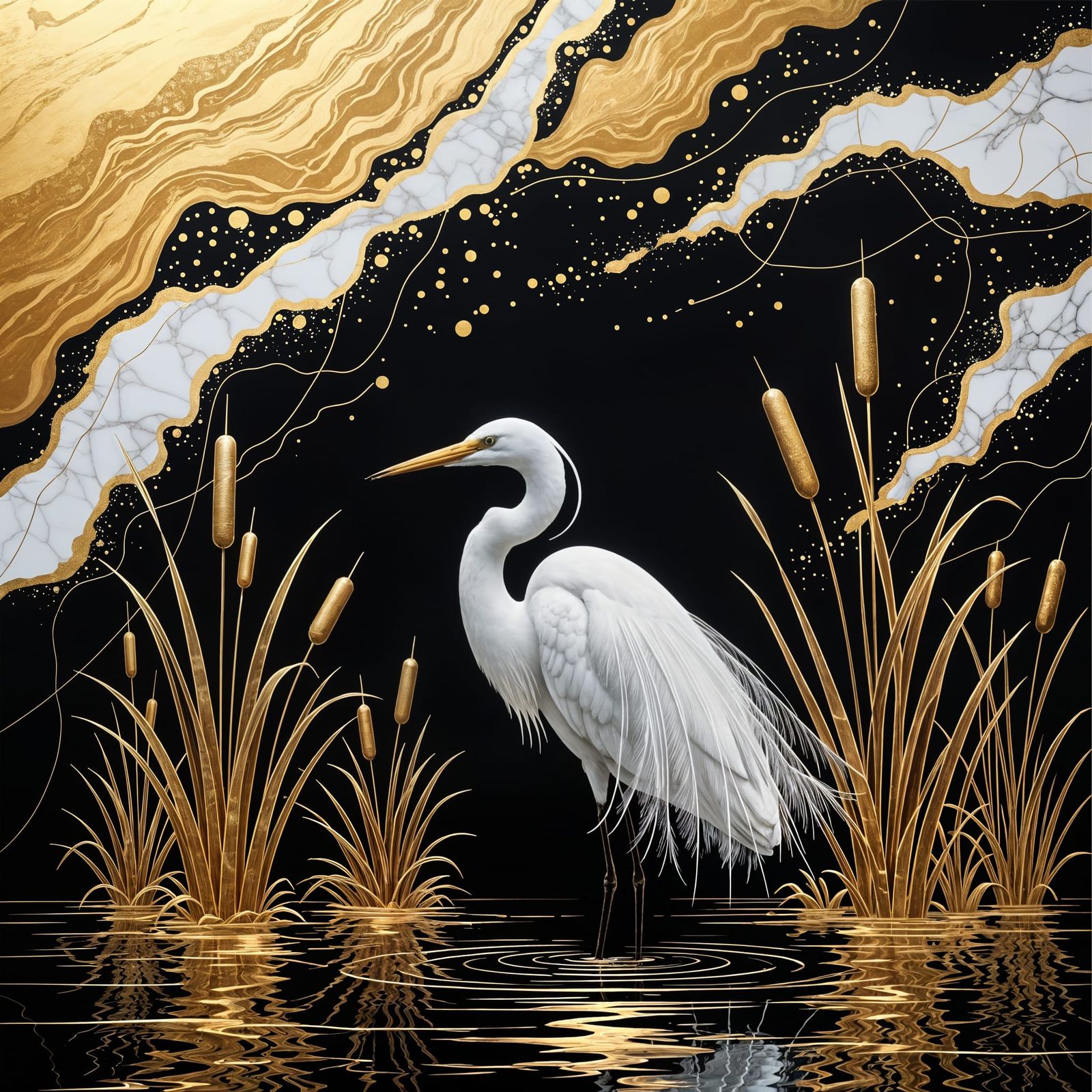 Majestic Egret with Gold Accents in Ethereal Stained Glass S...