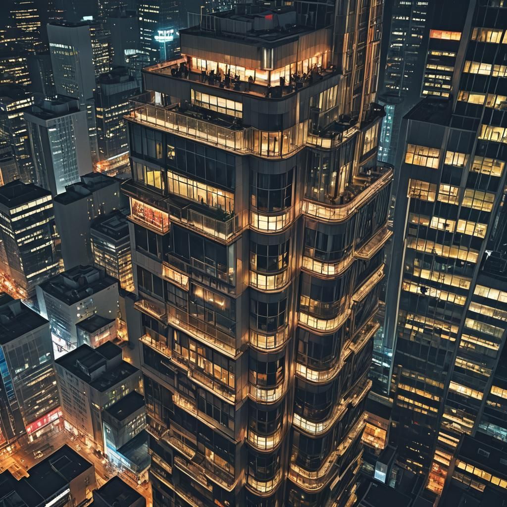 Hyperrealistic Skyscraper Lights in Moody Nightscape