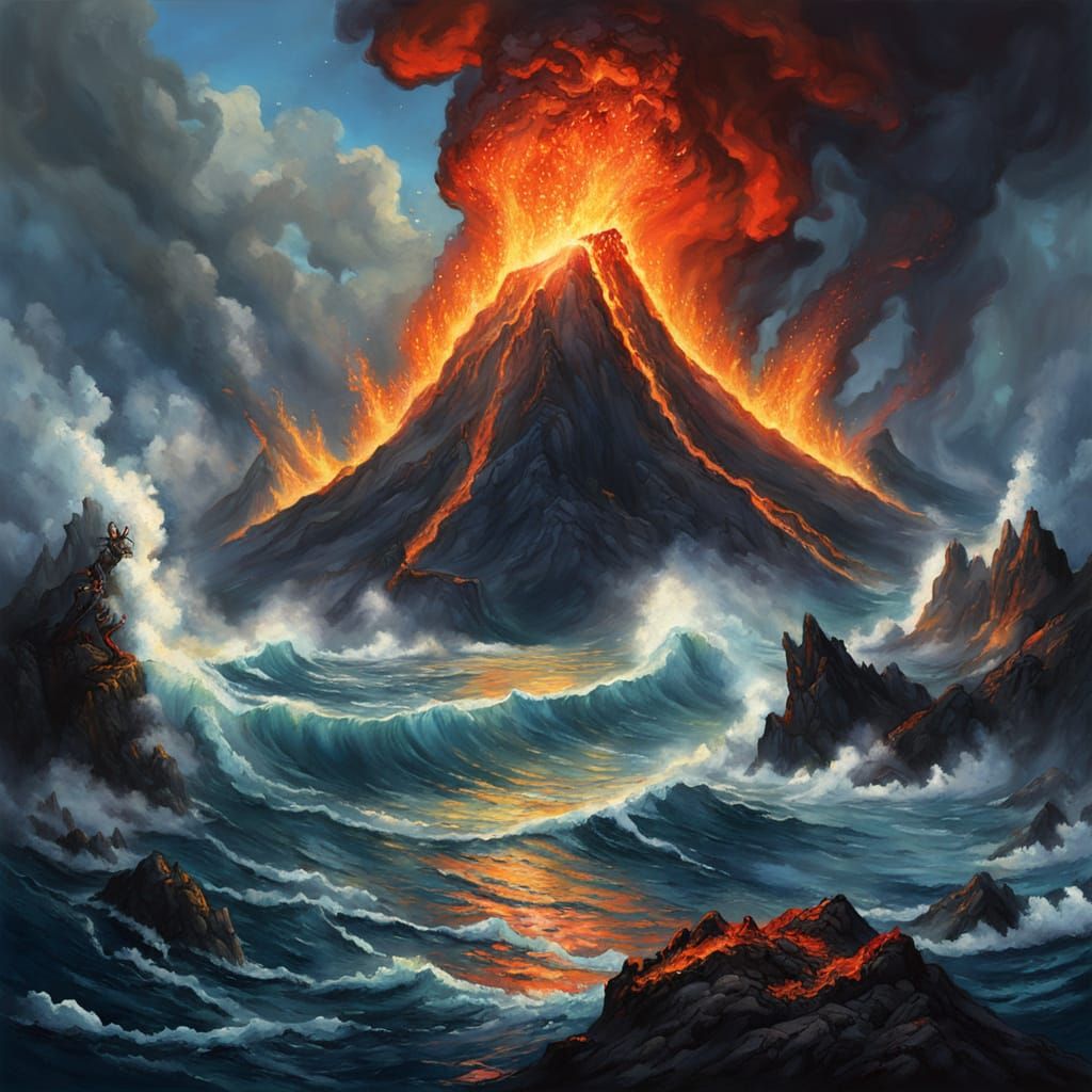 Ethereal Underwater Volcano Eruption with Mermaids
