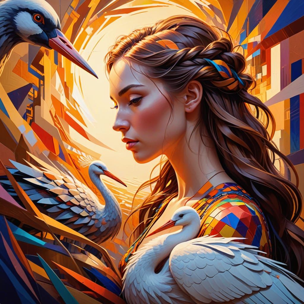 Braided Hair Nest Welcoming Stork in Cubist Style