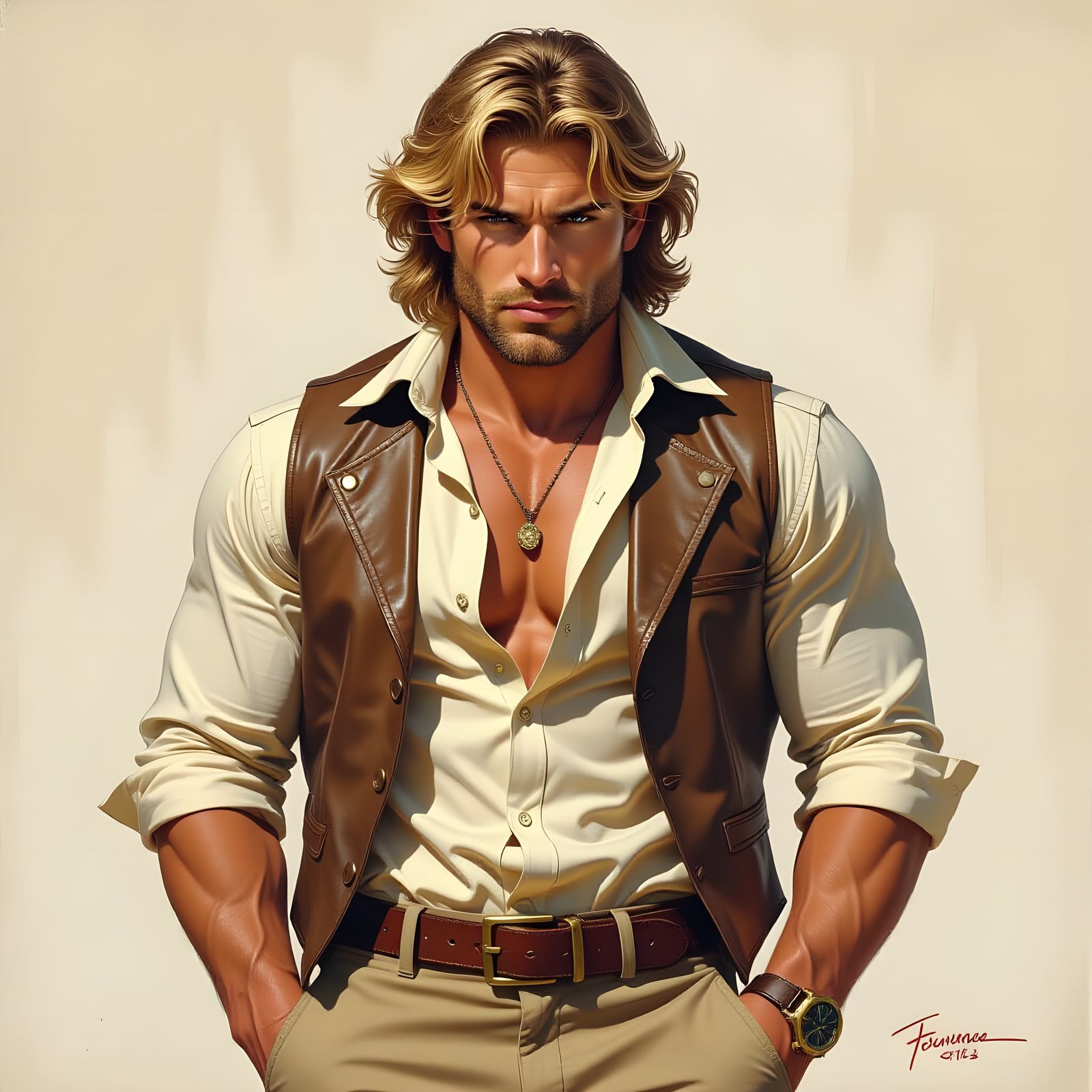 Rugged Man with Flowing Hair and Leather Vest