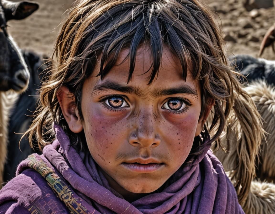 Afghan Child with Violet Eyes and Goat