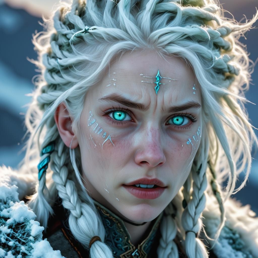 Nordic Queen with Electric Eyes in Snowy Landscape
