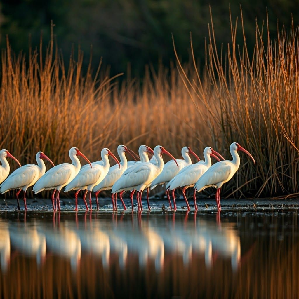 Ibis Flock on Mudflat in Dawn Light