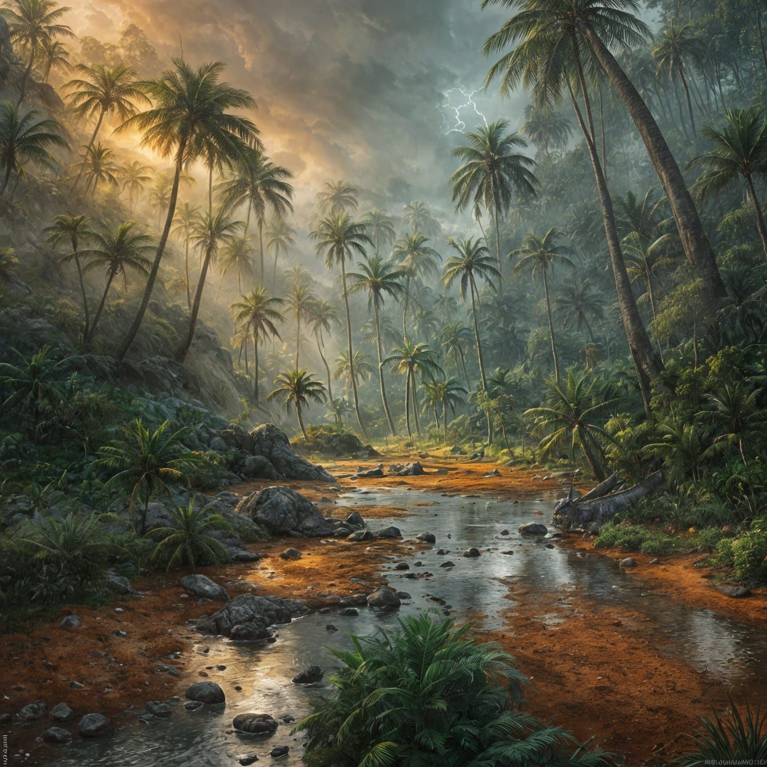 Dinosaurs Fleeing Torvosaur in Stormy Double Exposure