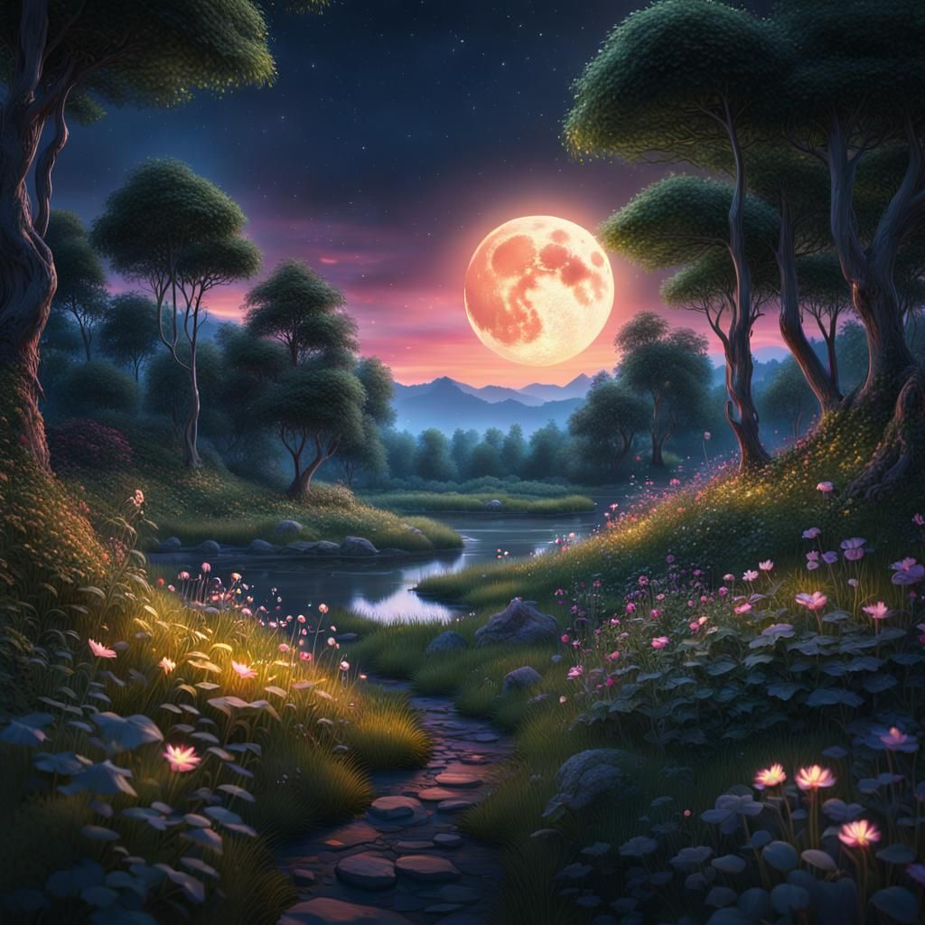 Lush Summer Landscape with Glowing Moon at Twilight