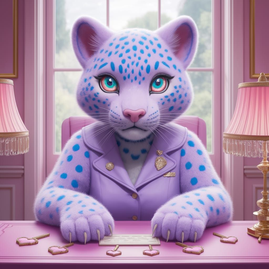 Pastel Leopard Concierge in Whimsical Hotel Setting