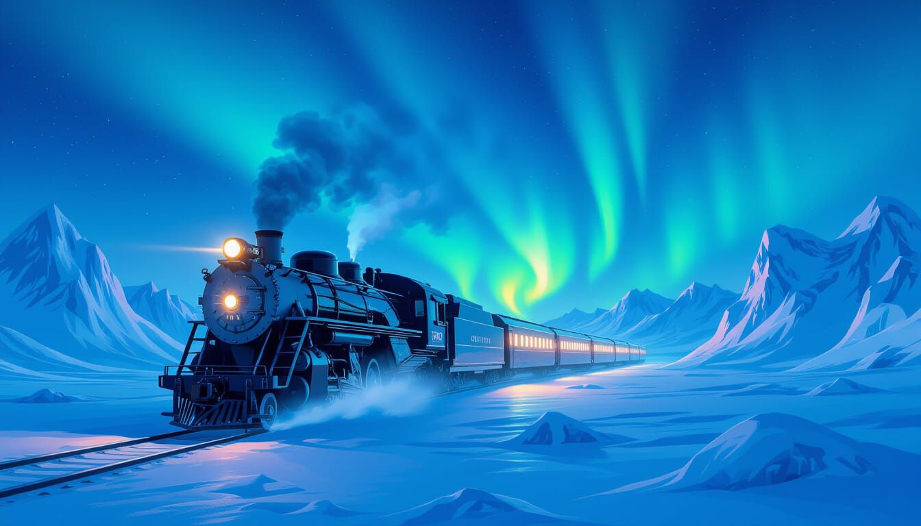 Arctic Train Journey Under Vivid Aurora Borealis