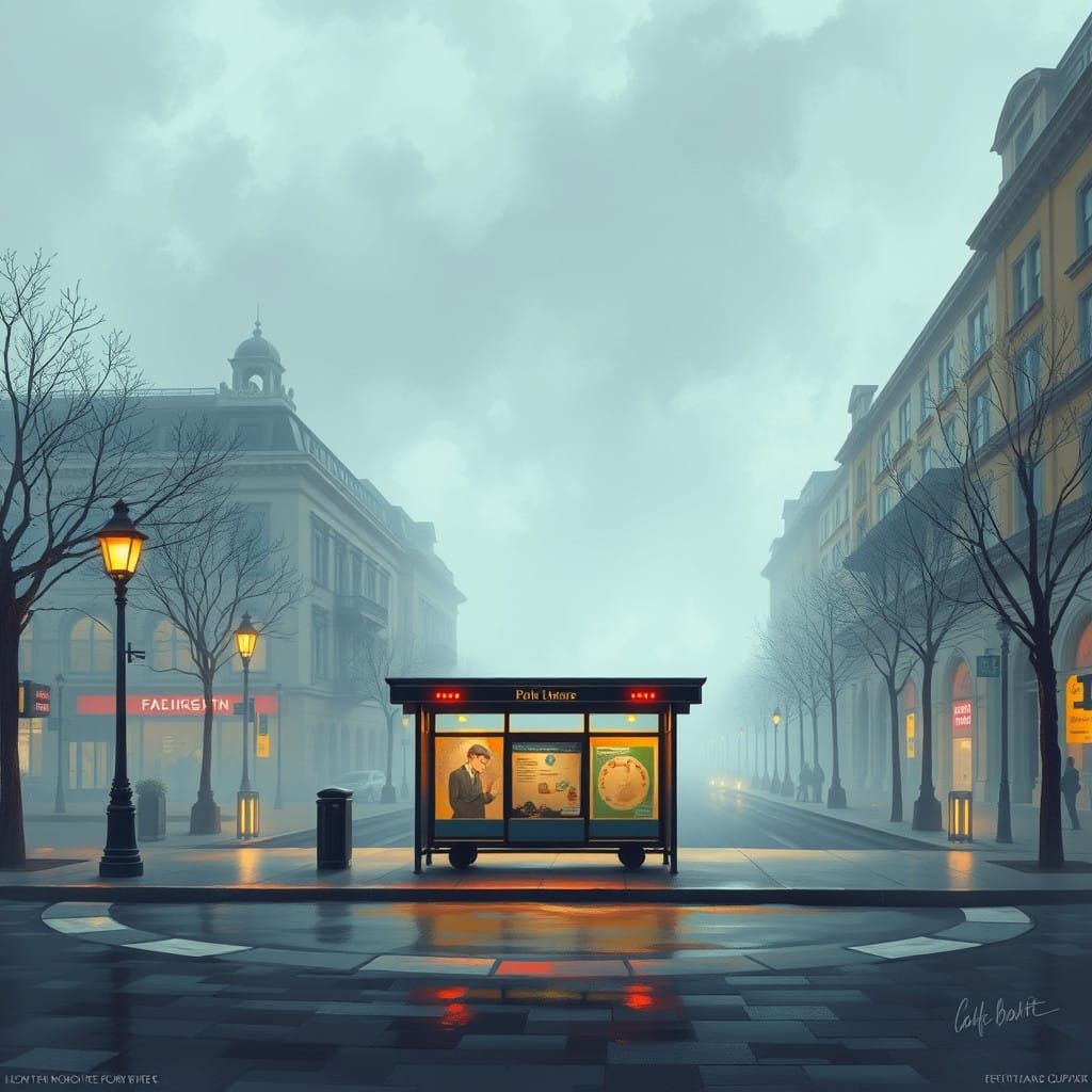 Ethereal Bus Stop in Art Deco Town Square