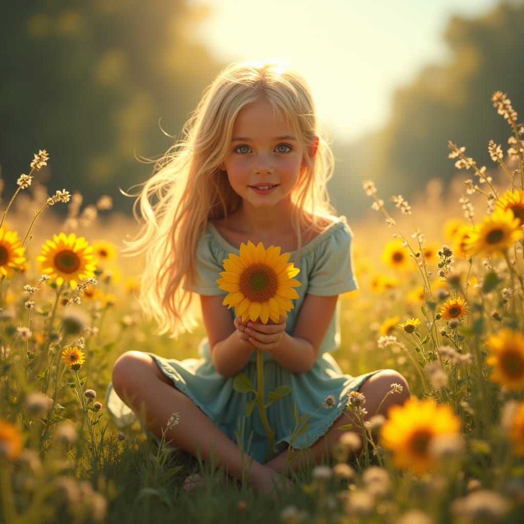 Girl with Sunflower in Wildflower Field