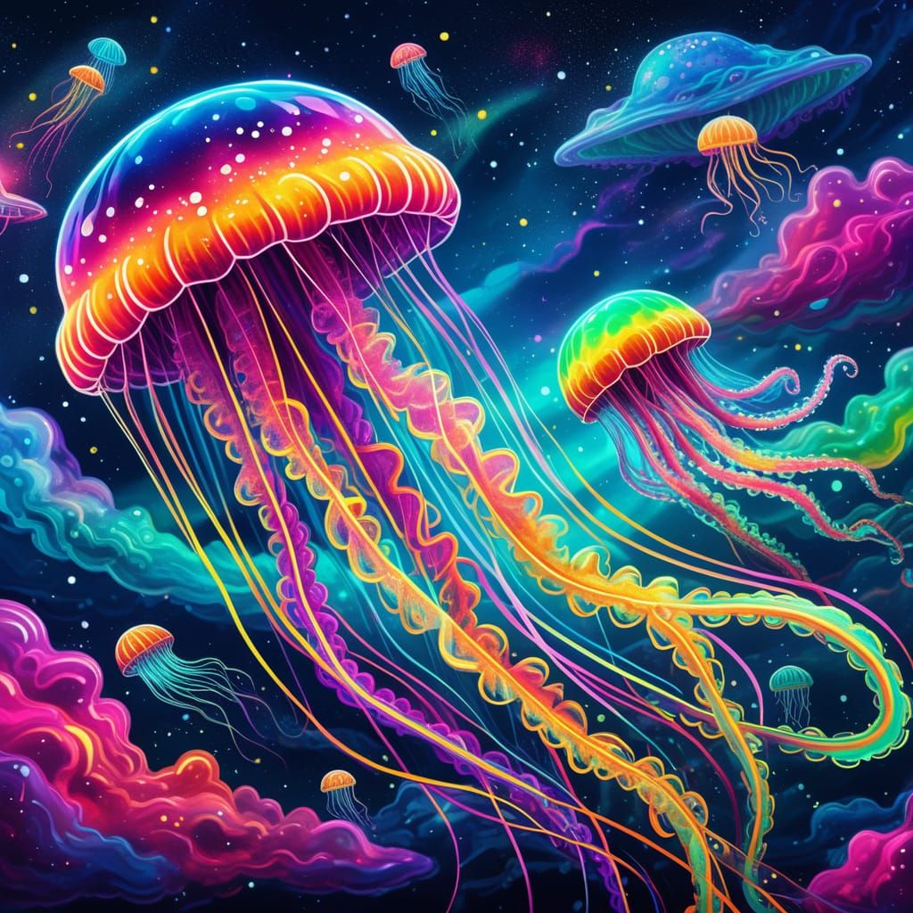 Cosmic Jellyfish in Vibrant Neon Tentacles