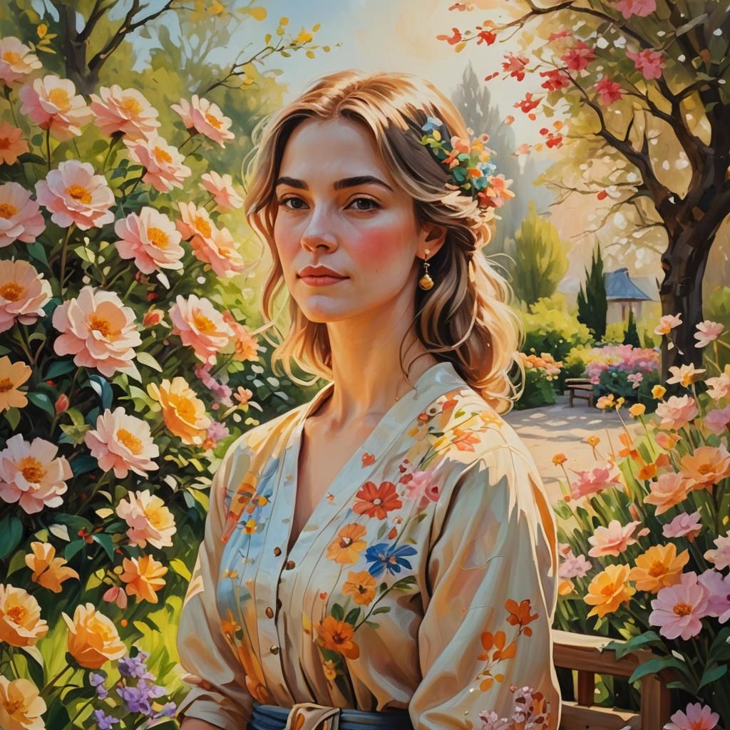Woman in Blooming Garden: Impressionist Oil Painting