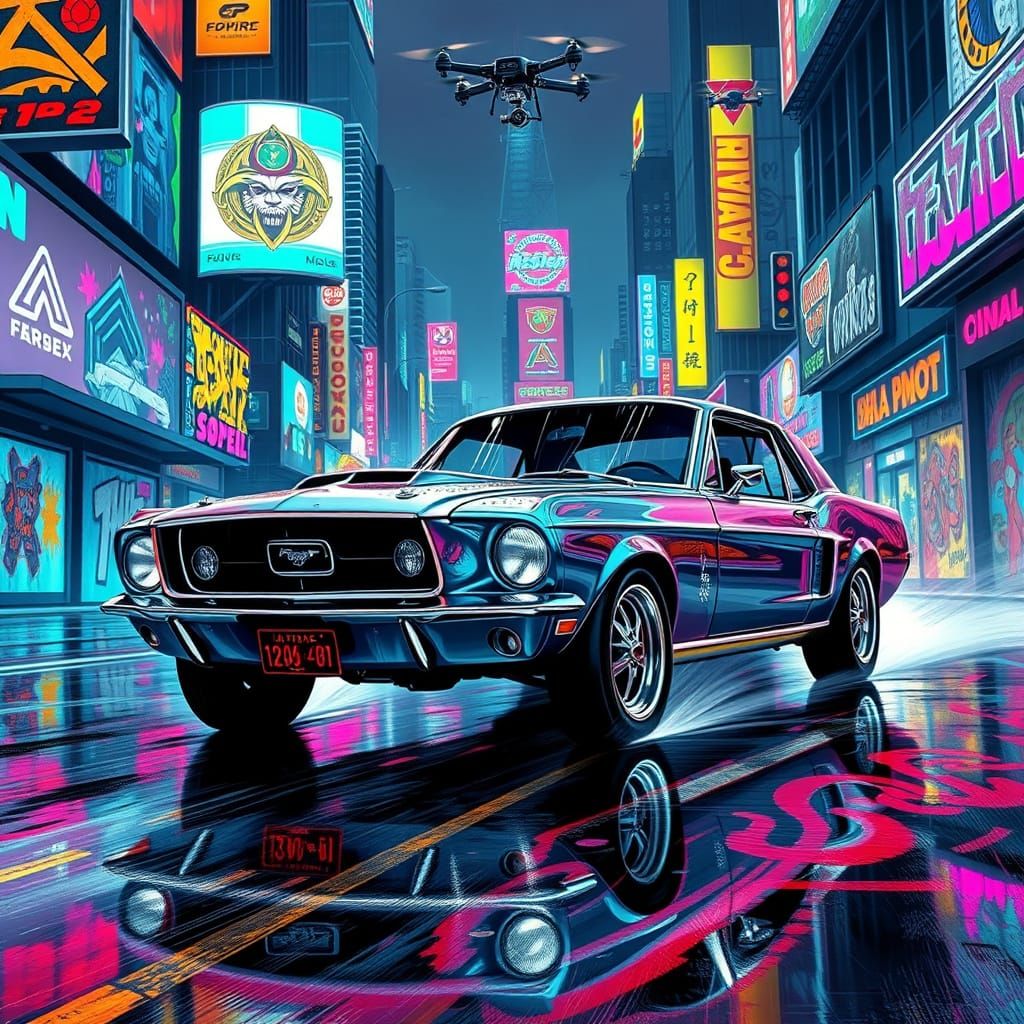 A gleaming, chrome-plated 1967 Ford Mustang SS speeds down a...