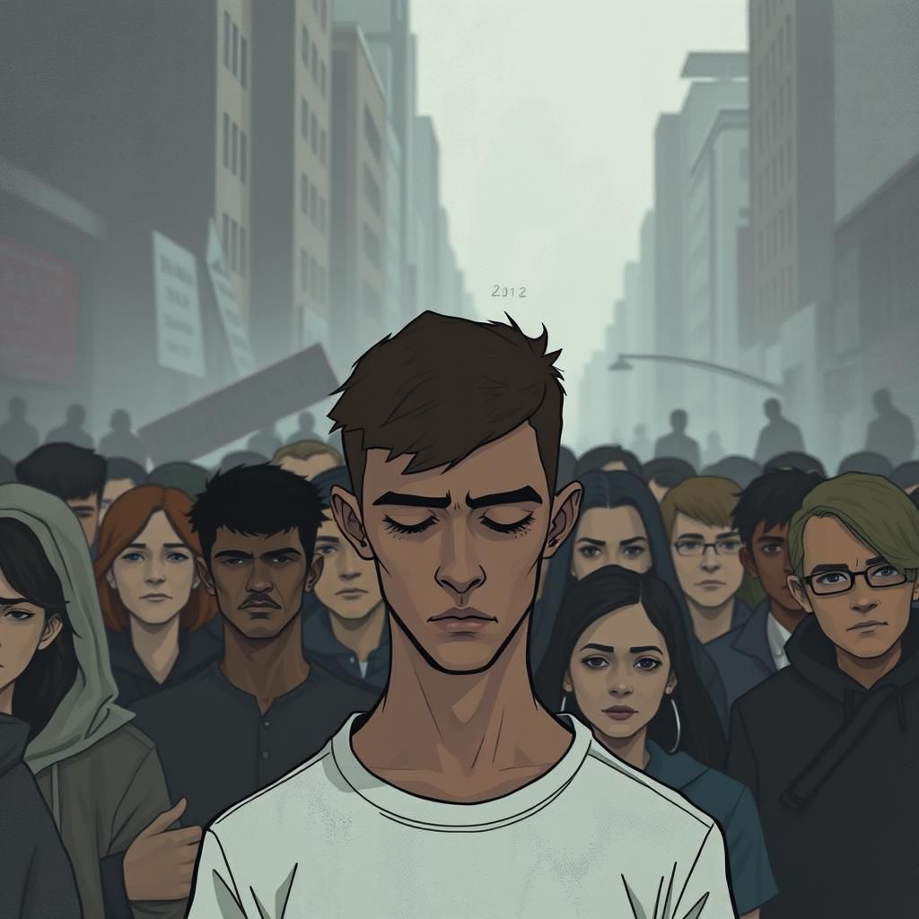 Stoic Man Ignores Judgement in Atmospheric Cityscape