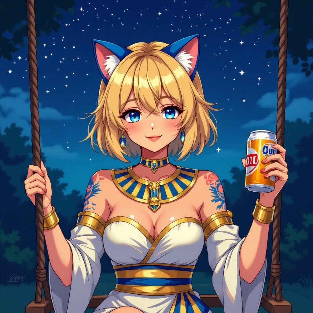 Anime-Style Egyptian Cat Princess with Beer Under Starry Sky