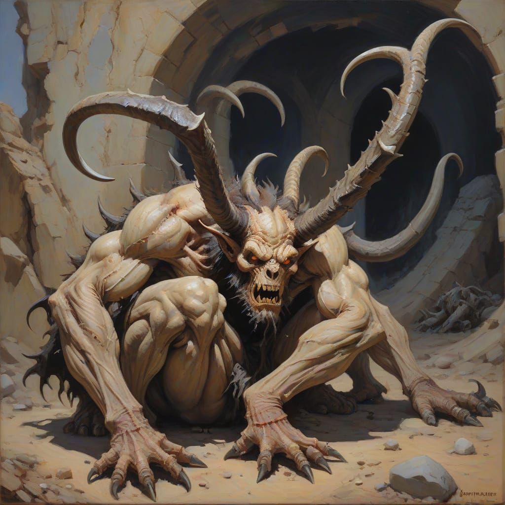 Horrific Horned Creature Crawling, Oil Painting Style