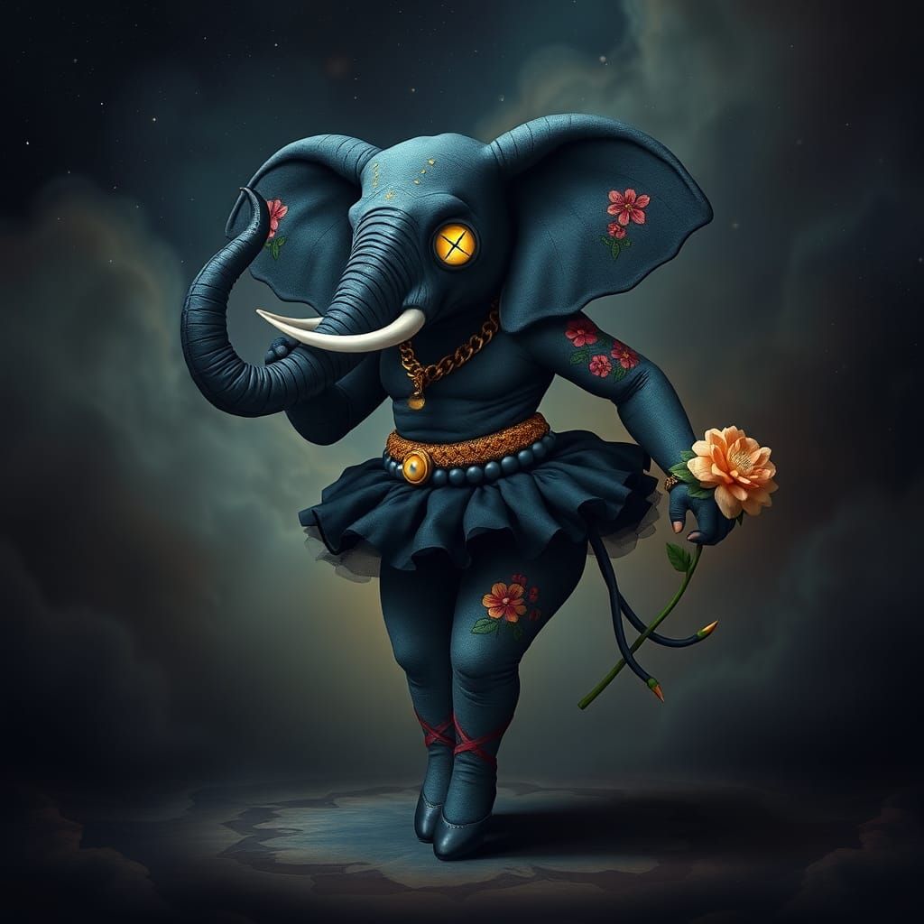 Muscular Ballerina Elephant with Floral Tattoos
