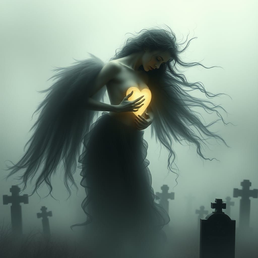 Ethereal Woman Floating Above Graveyard in Surrealist Style