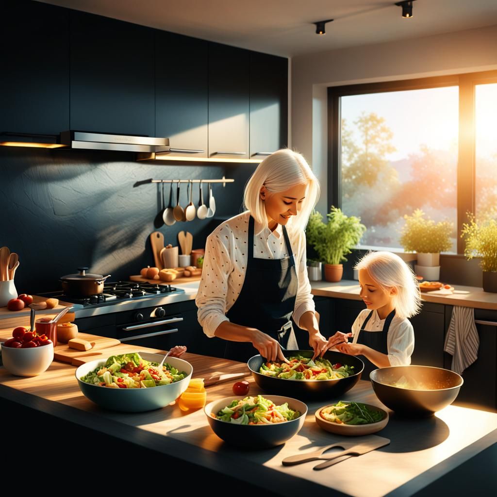 Cozy Kitchen Scene: Woman and Child Cooking Salad