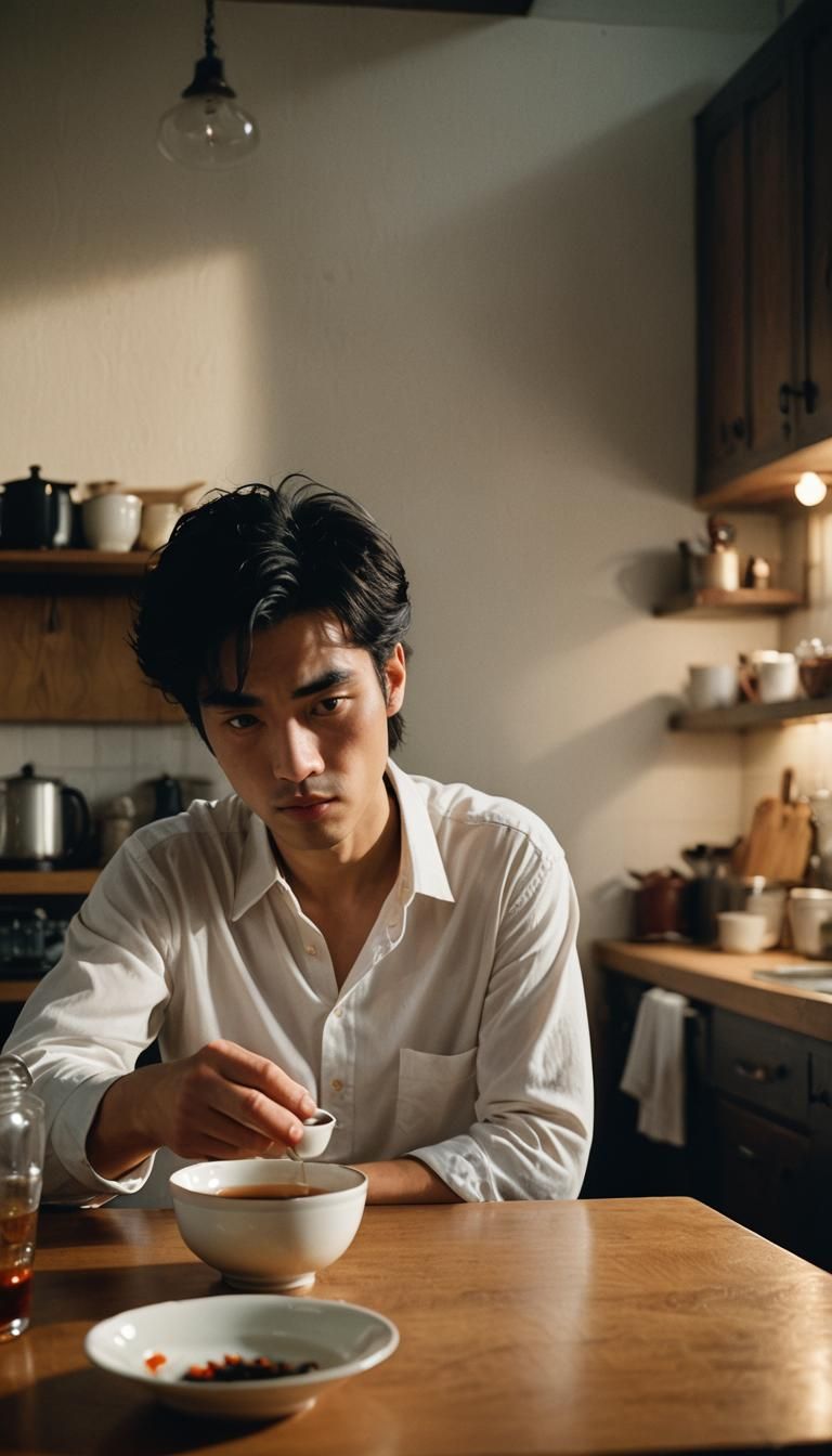Young Man Drinking Tea: Cinematic Film Still