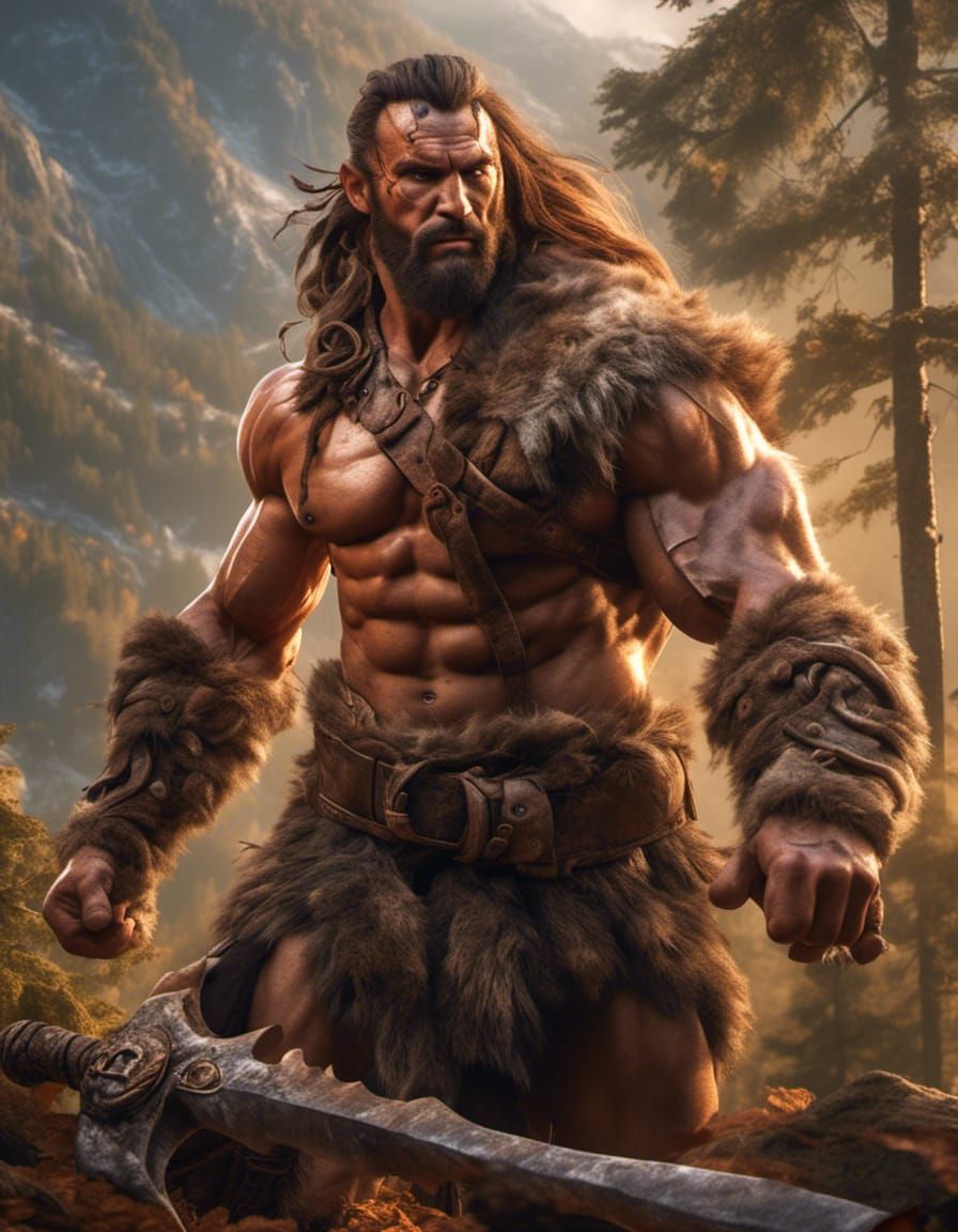 Hyperrealistic Male Barbarian Portrait in Wooded Mountains