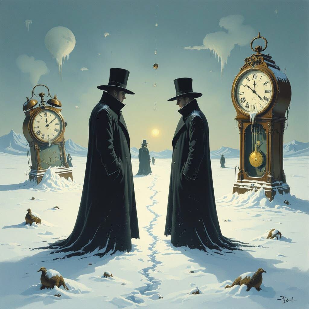 Surreal Giants Meeting in Snowy Dreamscape