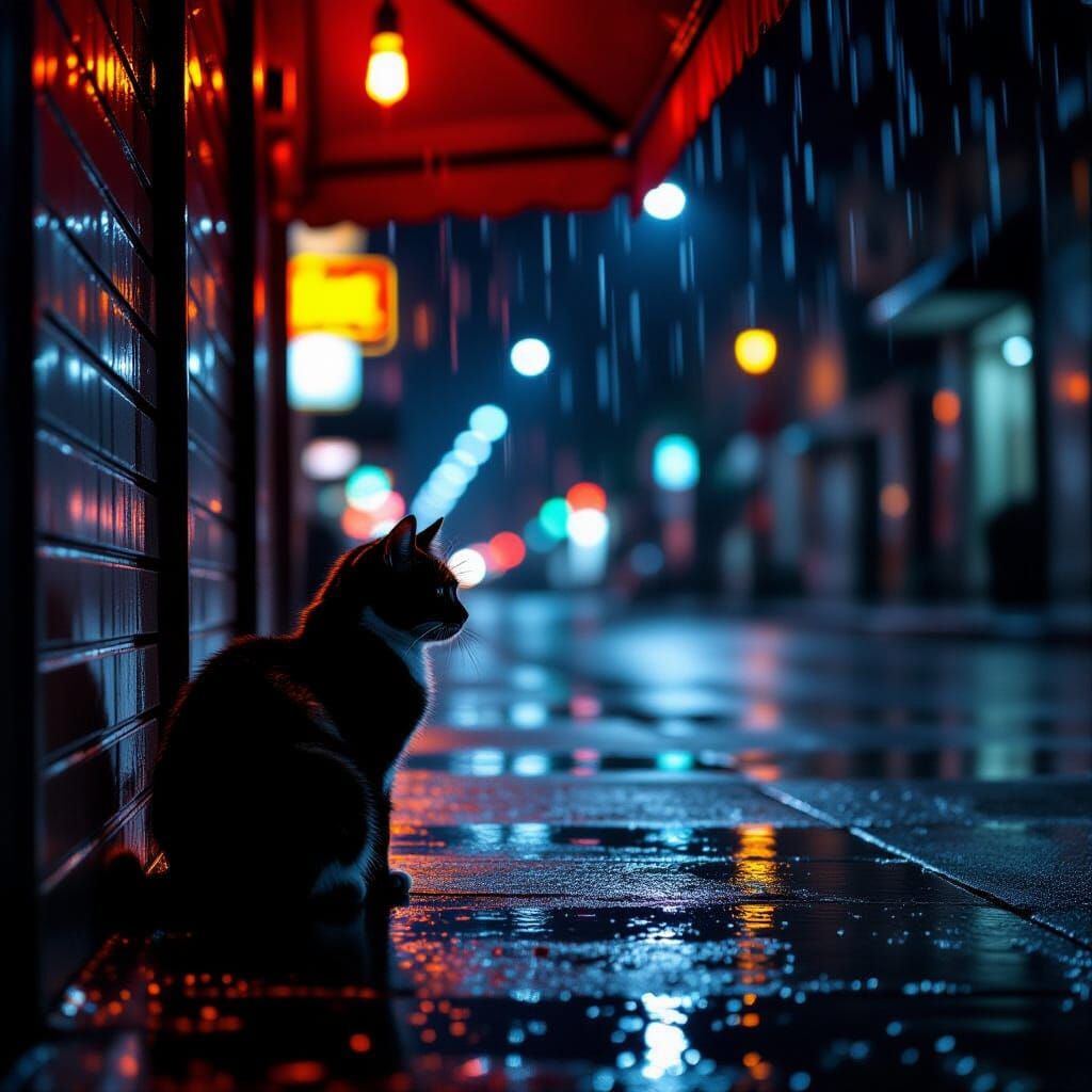 Stray Cat in Silhouette Hiding from Rain at Night