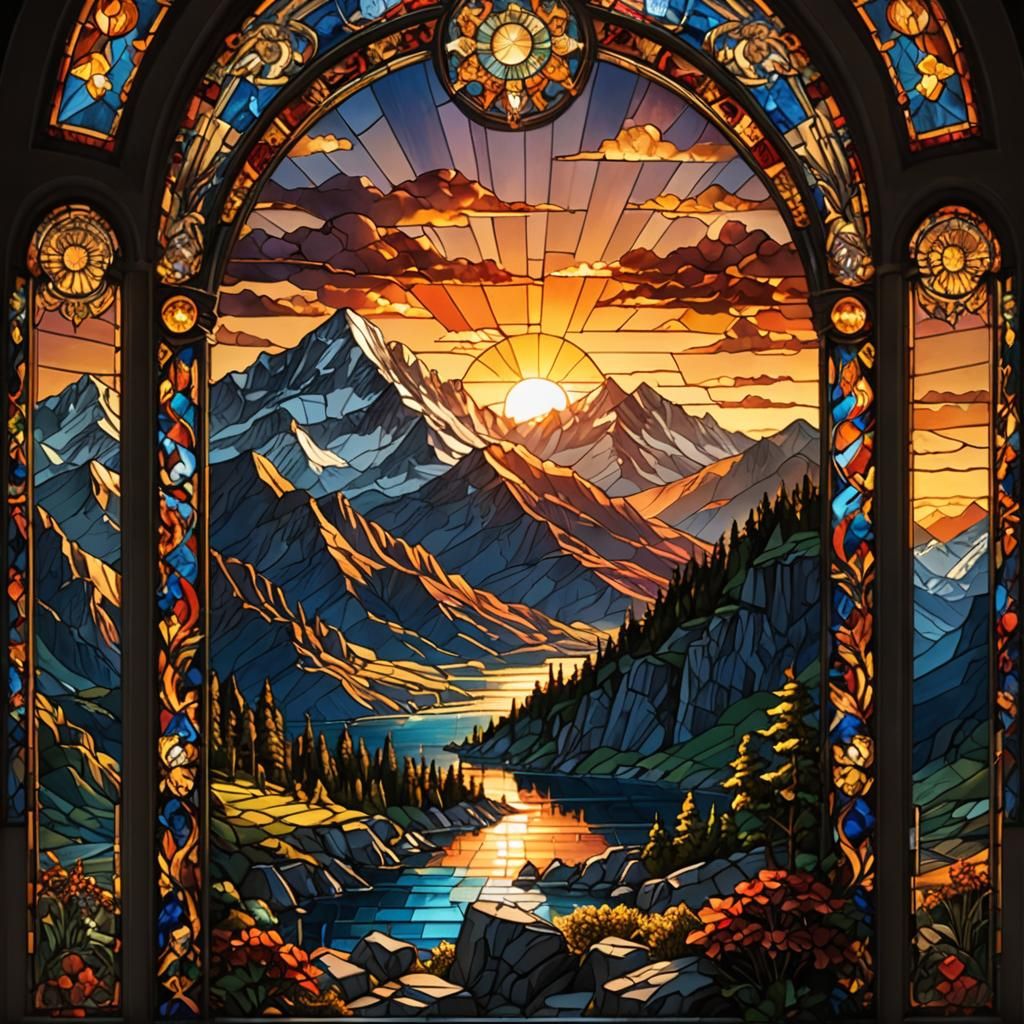 Stained Glass Sunrise over Mount Olympus