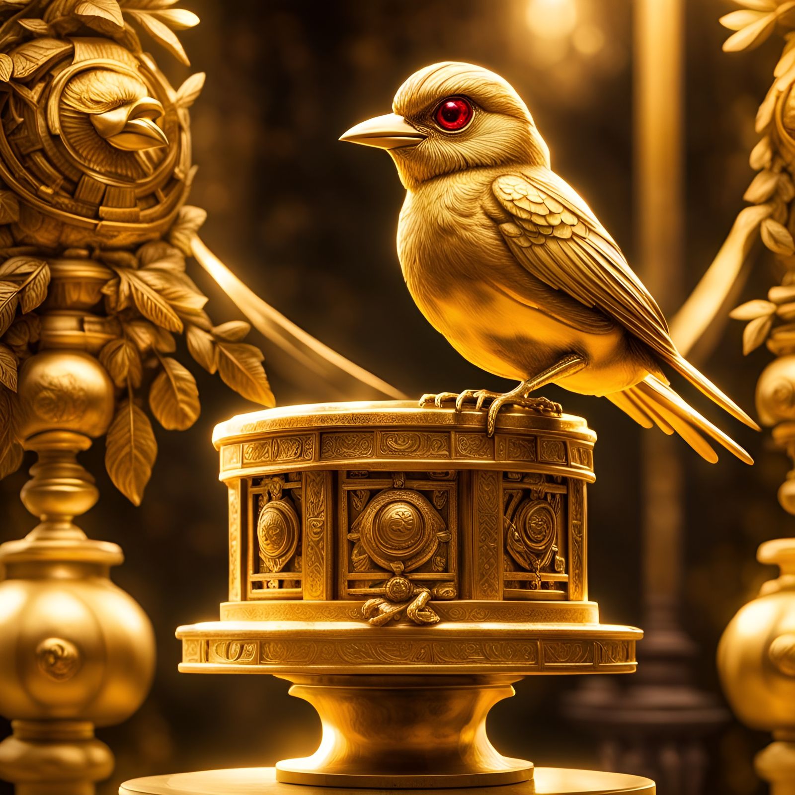 Golden Mayan Bird on Pedestal, Hyperrealistic