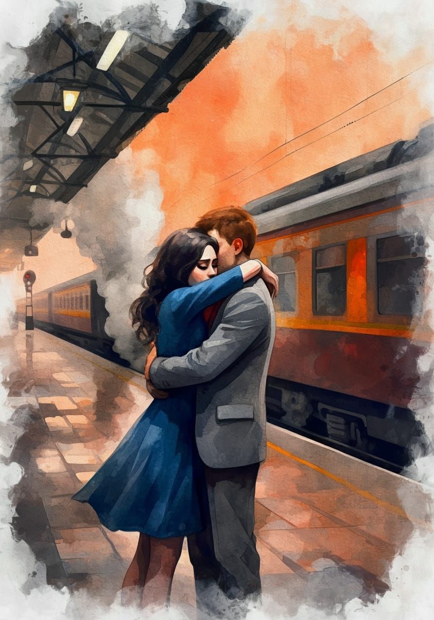 Emotional Watercolor Train Station Moment in Warm Orange Hue...