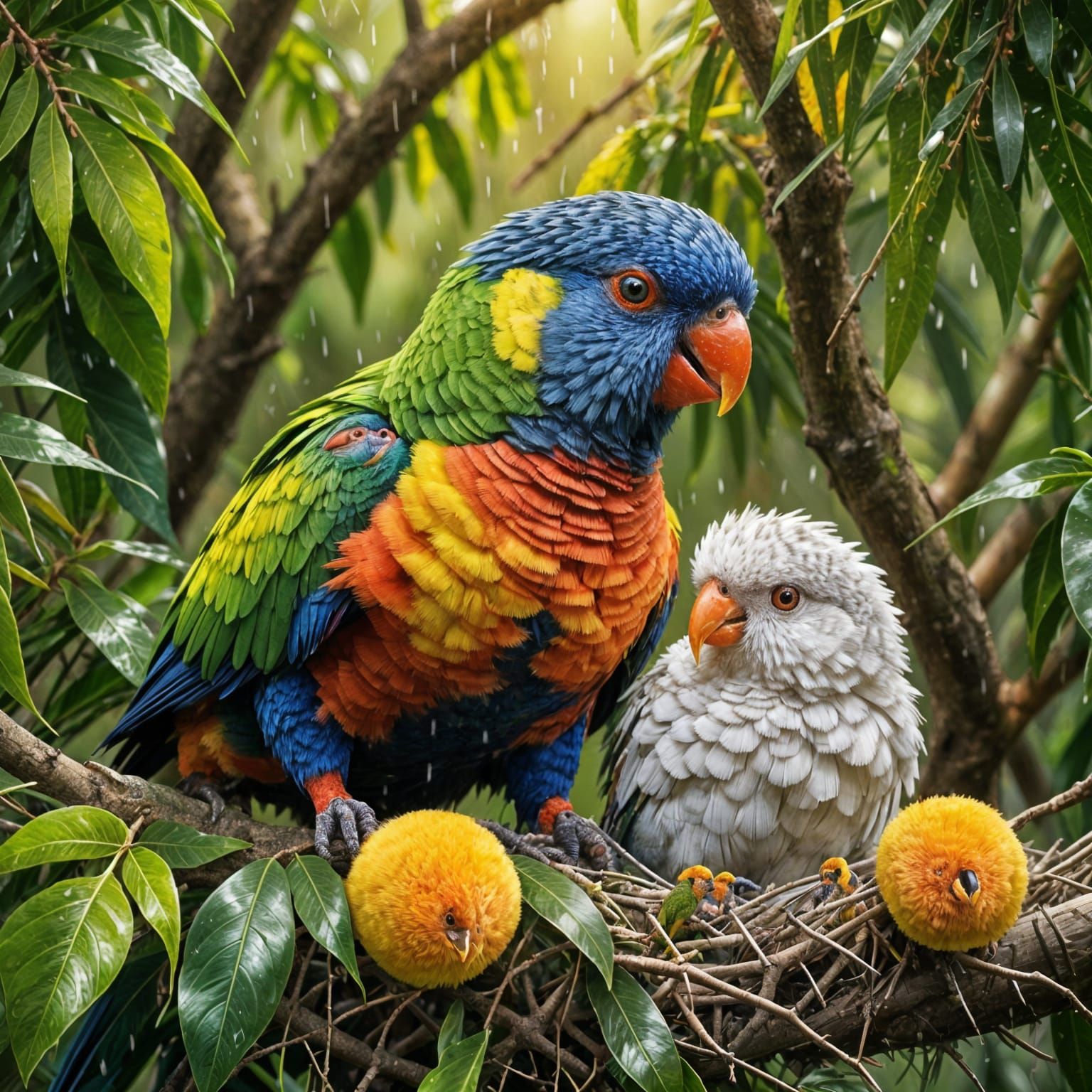 Rainbow Lorikeet Sheltering Chicks in Rain
