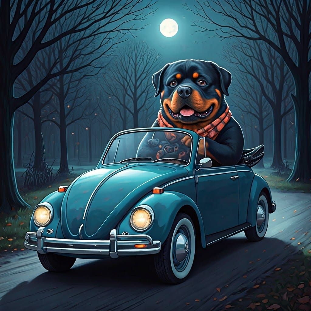 Lovable Rottweilers Cruise Through Whimsical Nighttime Park
