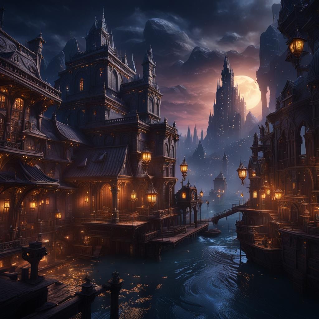 Fantastical Night City Concept Art in Deep Color