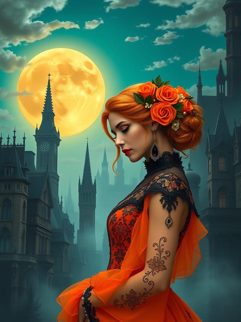 Elegant Woman in Vibrant Orange Gown, Gothic Cityscape