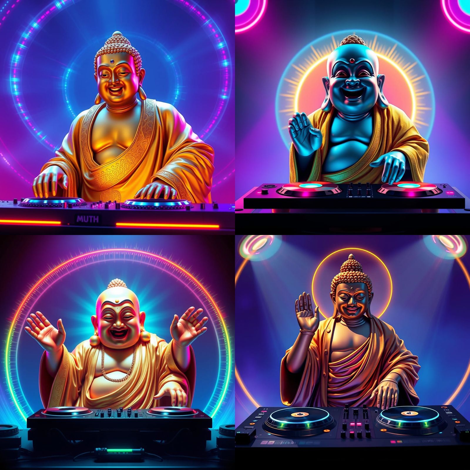 Joyful Buddha Spins Discs in Neon Lights