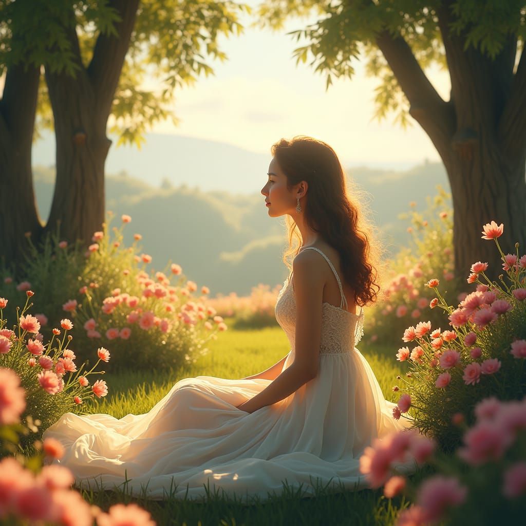 Girl in Paradise Garden: Hyperrealistic Matte Painting