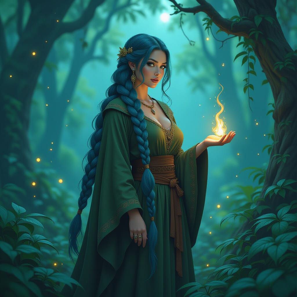 Druid Woman in Sparkling Forest as Matte Oil Painting