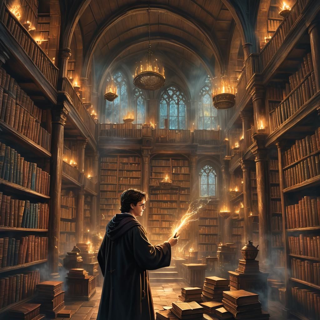 Harry Potter Casting Spell in Mystical Library