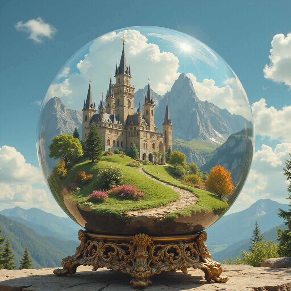 Ethereal Crystal Orb Encloses Whimsical Fantasy Realm
