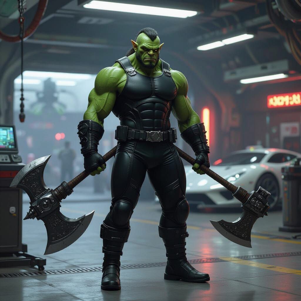 Half-Orc Racer in Dystopian Cyberpunk Garage