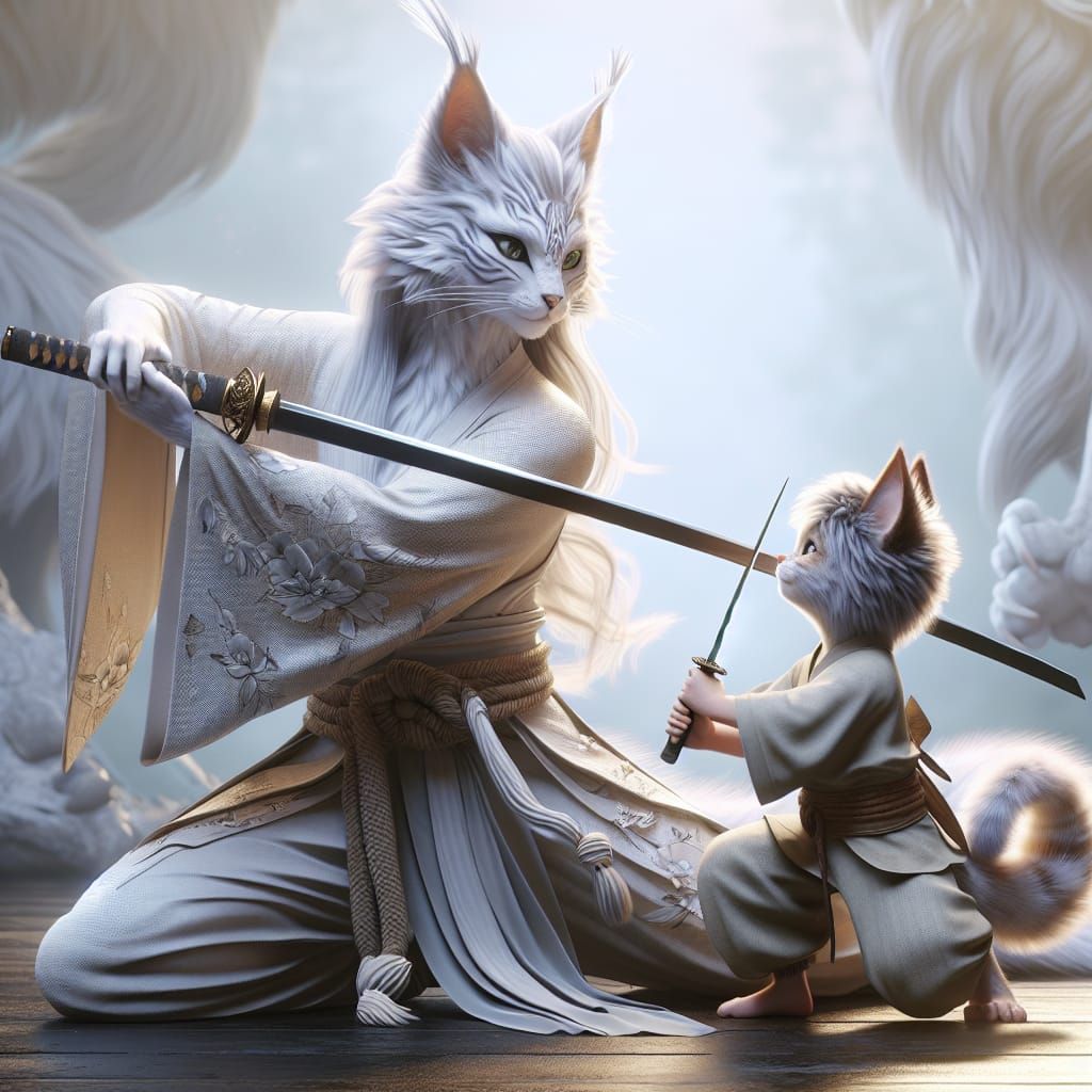 Hyper-realistic beautiful ethereal white tabby tabaxi  warrior teaching a young tabaxi how to hold a sword