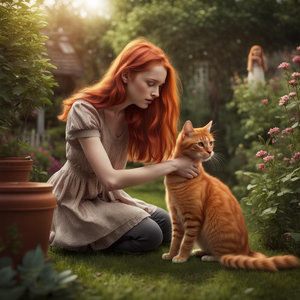 Girl and Ginger Cat in Garden: Matte Painting