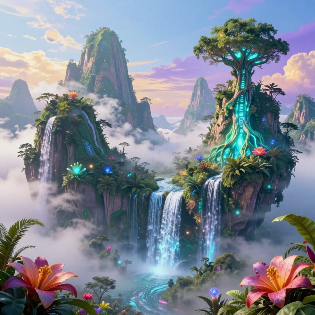 Surreal Tropical Mountain Realm Floating Between Sky and Ear...
